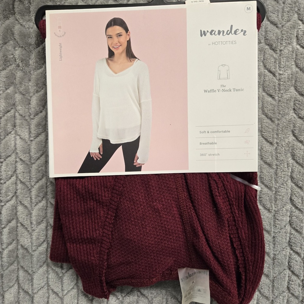 Wander by HotTotties Waffle V-Neck Tunic Top Soft Size Medium Maroon Comfy